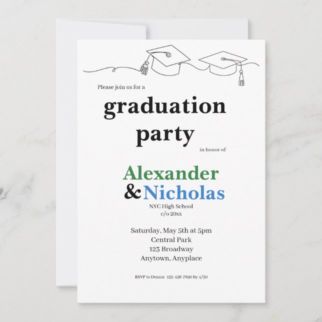 Invitación Graduación Simple de Gemelos con Gorra y Borla (Anverso)