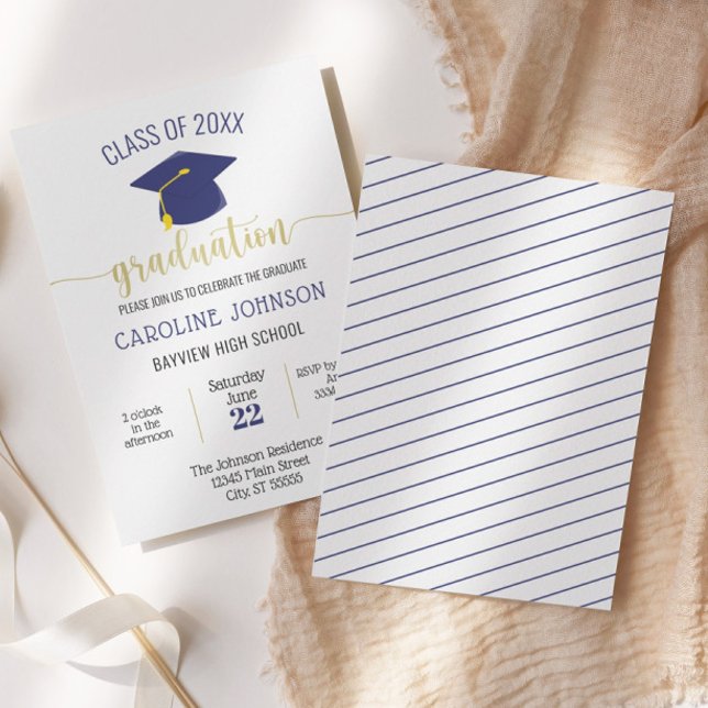 Invitación Graduación simple de oro azul moderno (Subido por el creador)