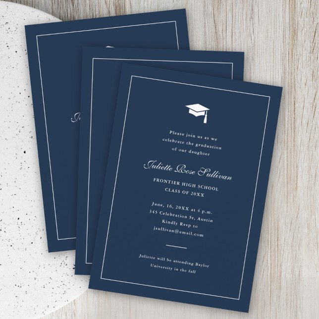 Invitación Graduación simple de tipografía (Elegant navy blue simple type graduation party invitation.)
