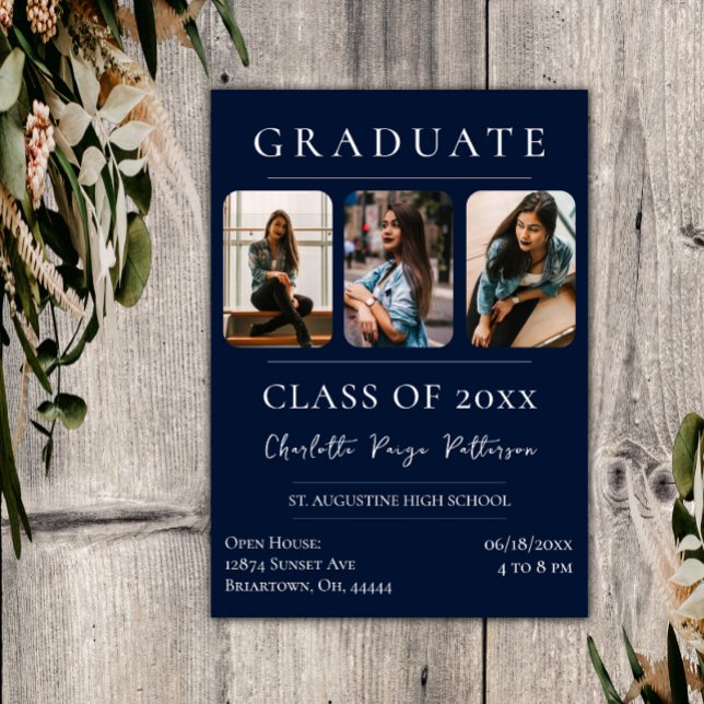 Invitación Graduación simple de tres fotos | Azul marino (Navy Blue Simple Three Photo Graduation Invitation)