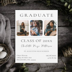 Invitación Graduación simple de tres fotos Blanco