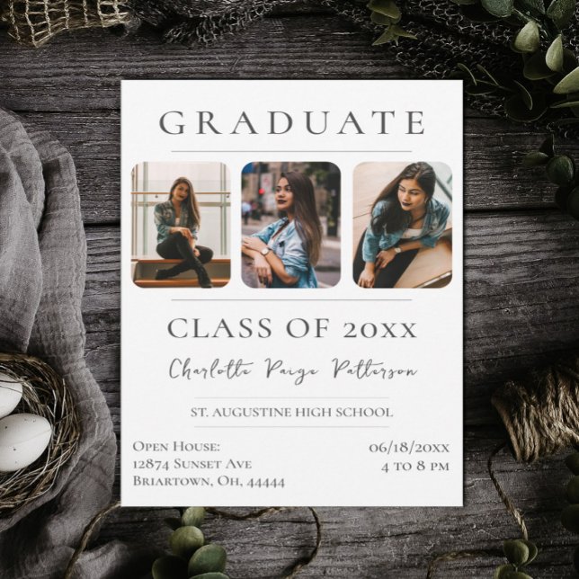 Invitación Graduación simple de tres fotos | Blanco (White Simple Three Photo Graduation Invitation)