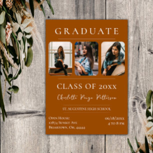 Invitación Graduación simple de tres fotos Naranja quemado