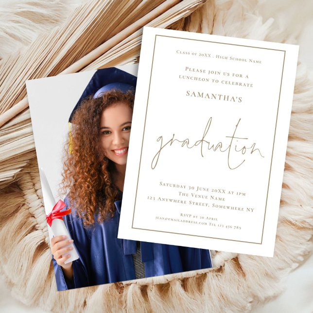 Invitación Graduación simple en la frontera de oro para fotog (front and back view)