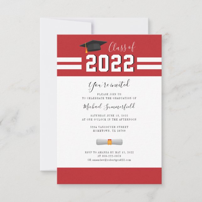 Invitación Graduación Simple Moderna Rojo Blanco 2022 (Anverso)