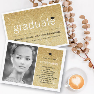 Invitación Graduación Simple y Elegante con Brillo Dorado Fie