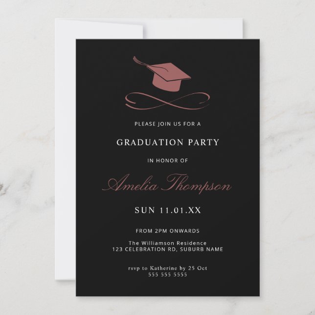 Invitación Graduación simple y elegante en rosa y negro (Anverso)