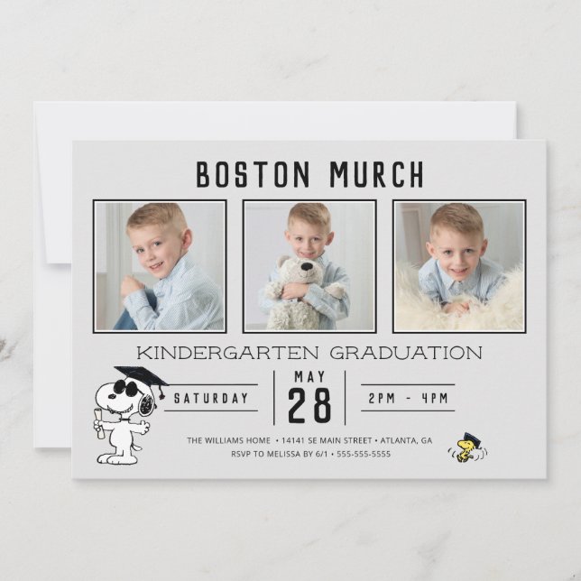Invitación Graduación Snoopy & Woodstock con 3 fotos (Anverso)