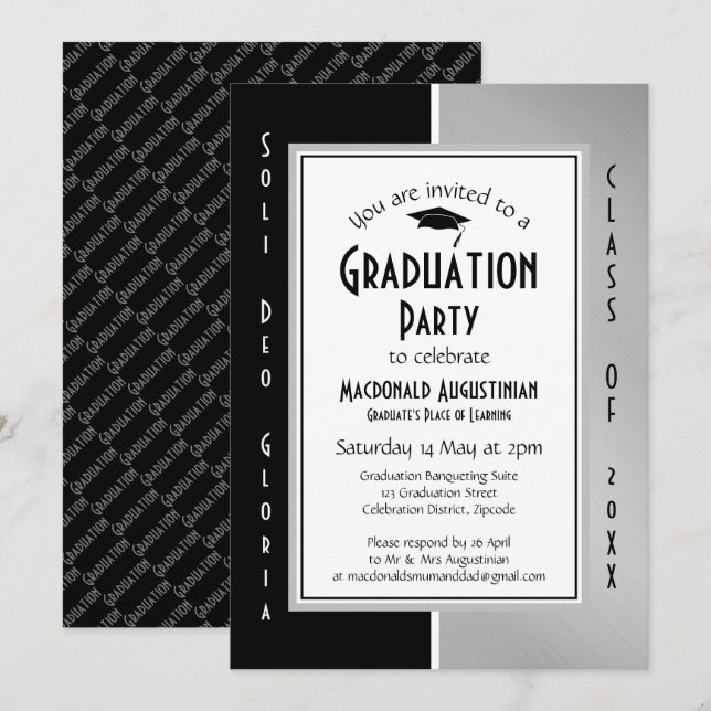 Invitación GRADUACIÓN Soli deo Gloria Gris negro plateado (Anverso / Reverso)