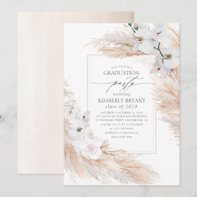 Invitación Graduación Sur de Graduación Pampas de Flores Blan (Anverso / Reverso)