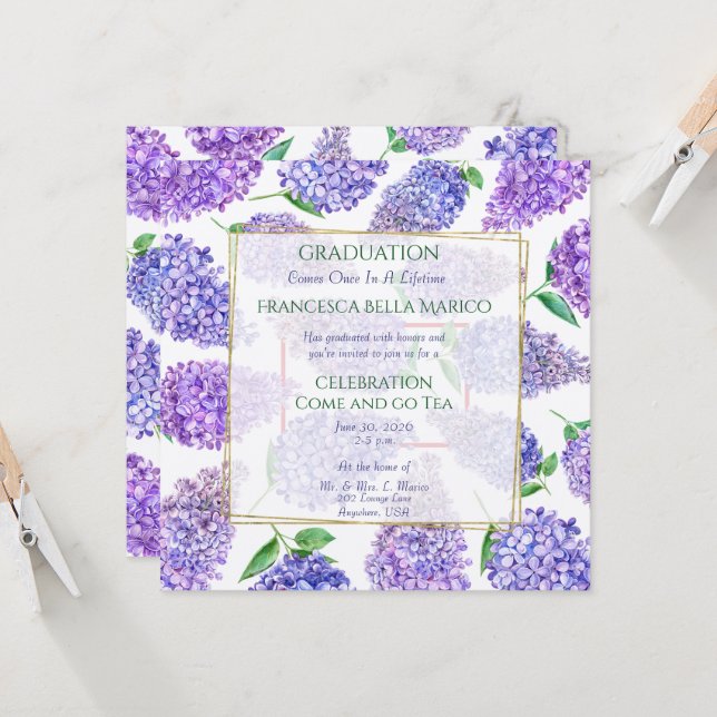 Invitación Graduación Tea Daughter Lilacs púrpura (Anverso/Reverso In Situ)