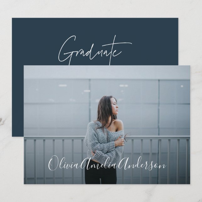 Invitación Graduación tipografía de escritura fotográfica mod (Anverso / Reverso)