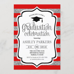 Invitación Graduación - Tiras rojas plateadas
