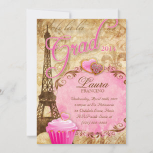 Invitación Graduación Torre Eiffel de París Flor Vintage Rosa