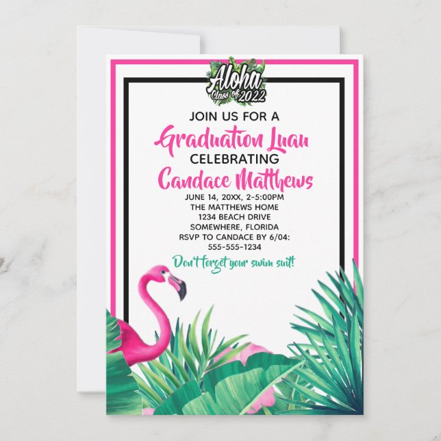 Invitación Graduación Tropical Aloha Flamingo Luau 2022 (Anverso)