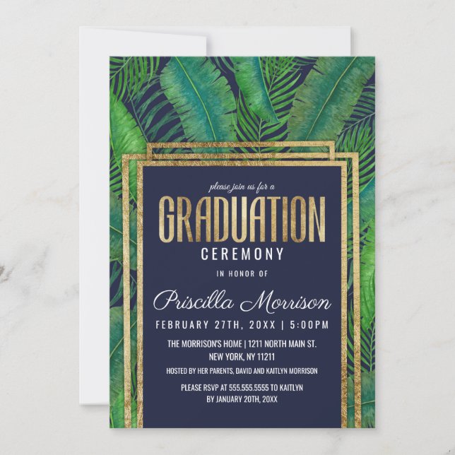 Invitación Graduación tropical de los azules marinos del oro (Anverso)