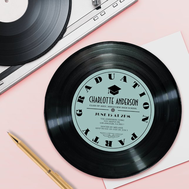 Invitación Graduación turquesa del registro de vinilo retro (Subido por el creador)