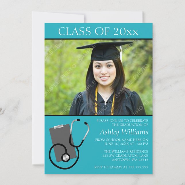 Invitación Graduación verde azulada de la foto de la escuela (Anverso)