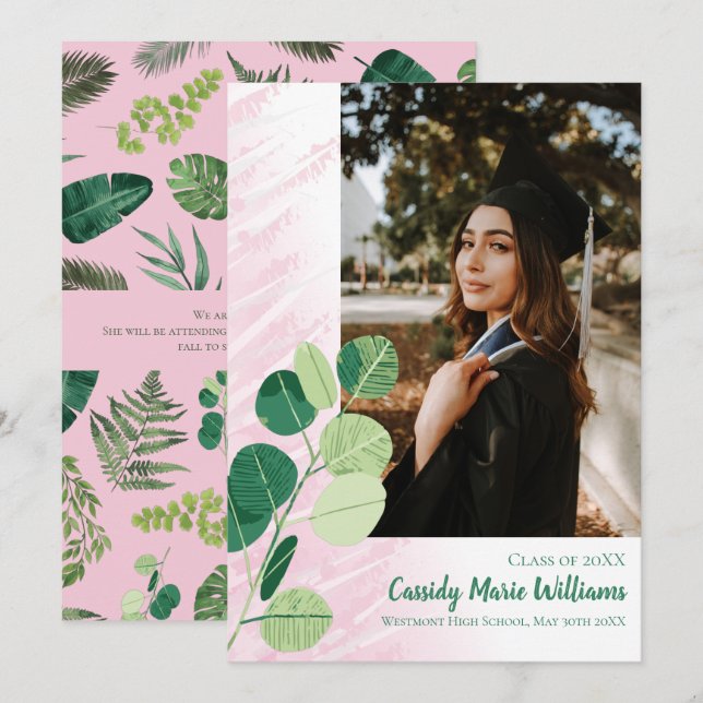 Invitación Graduación verde botánica elegante rosa (Anverso / Reverso)