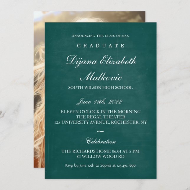 Invitación Graduación verde clásica I (Anverso / Reverso)