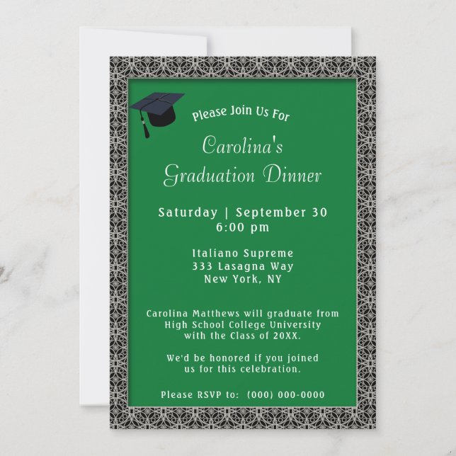 Invitación Graduación verde de cierre de cena de marco negro (Anverso)
