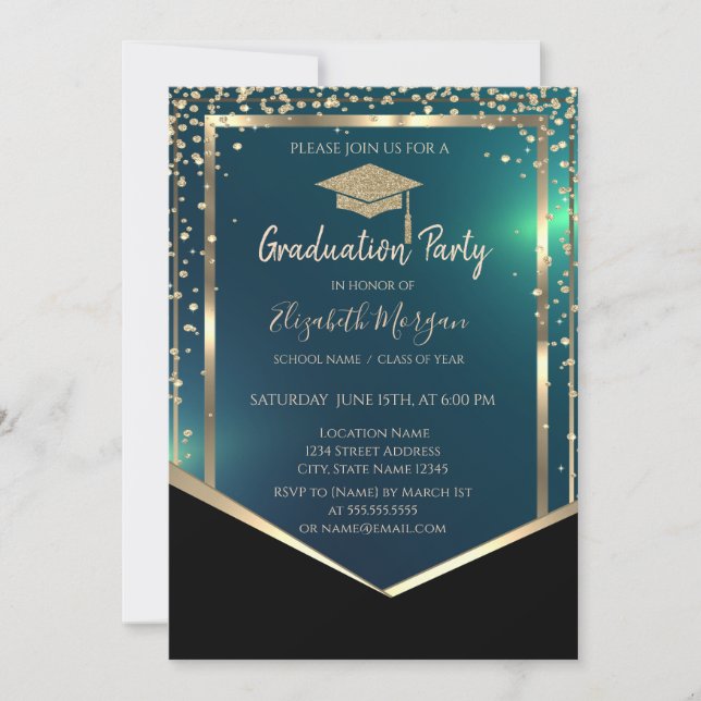 Invitación Graduación verde del gol de oro de los diamantes (Anverso)