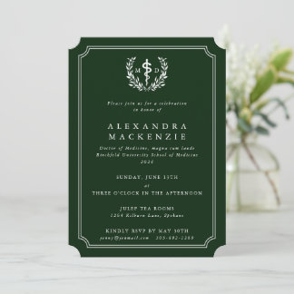 Invitación Graduación Verde MD Asclepius + Corona de Laurel