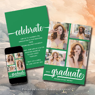 Invitación Graduación verde moderna de 4 Collages de fotos