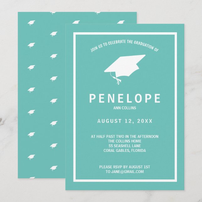 Invitación Graduación verde Verde azulada moderna (Anverso / Reverso)