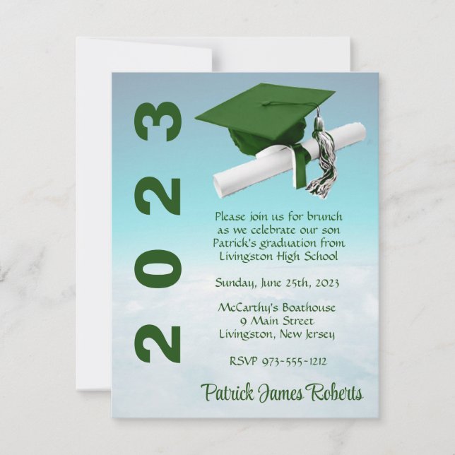 Invitación Graduación verde y blanca por encima de las nubes (Anverso)