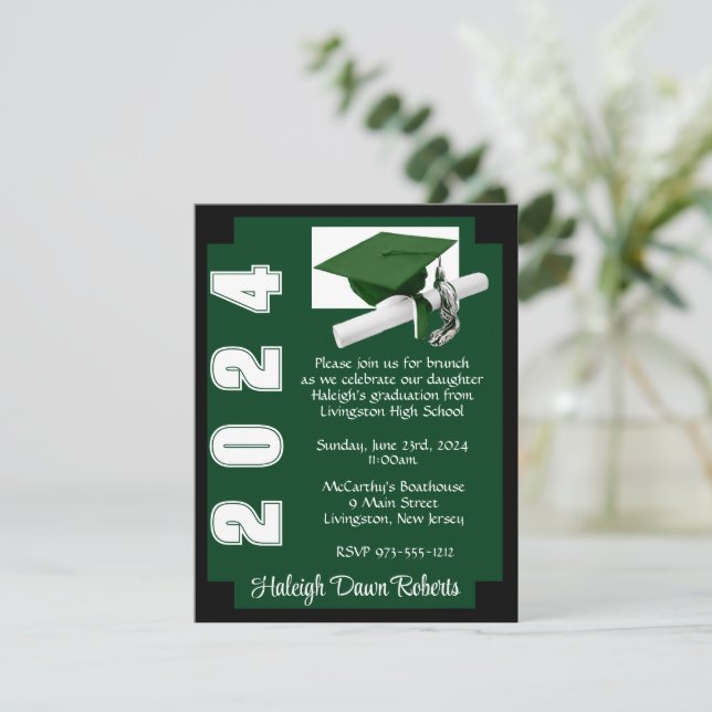 Invitación Graduación verde y negra en bloques de esquina (Anverso de pie)