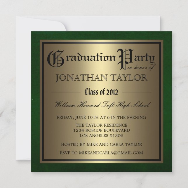 Invitación Graduación Verde y Oro (Anverso)