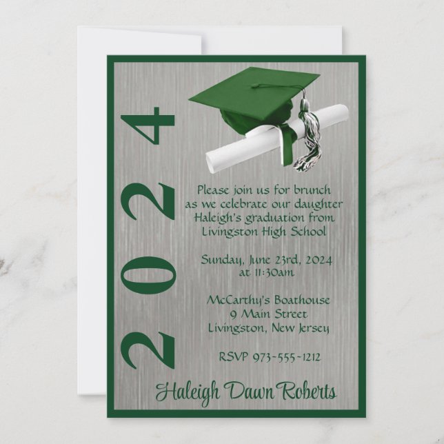 Invitación Graduación verde y plateada de Cap & Diploma 5x7 (Anverso)