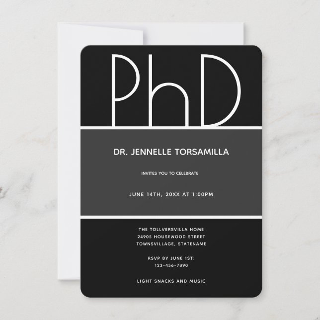 Invitación Graduación vertical en blanco y negro de grado PhD (Anverso)