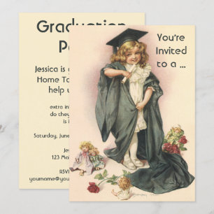 Invitación Graduación vintage, Chica con tapón y vestido