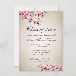 Invitación Graduación Vintage Tan con flores de cerezo