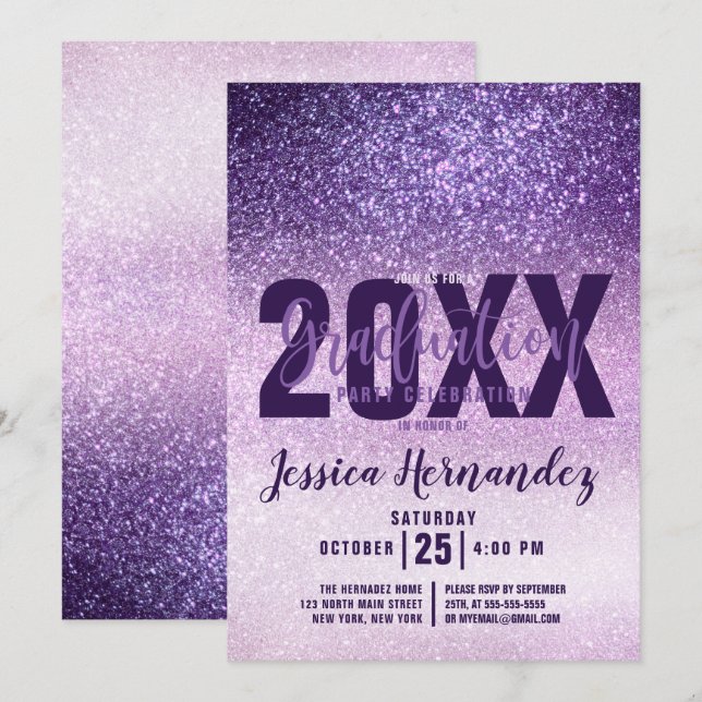 Invitación Graduación Violet Lilac Morado Triple Purpurina (Anverso / Reverso)