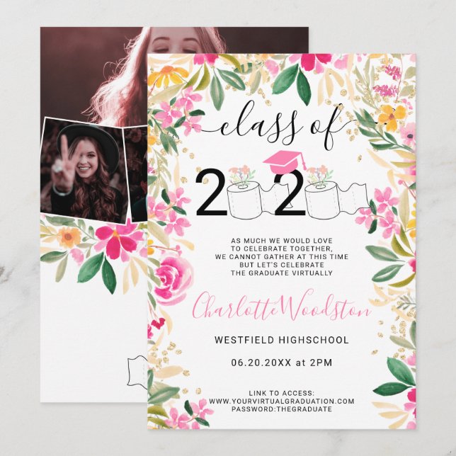 Invitación Graduación virtual de fotos florales divertidas de (Anverso / Reverso)