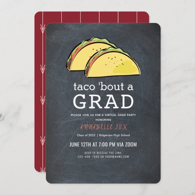 Invitación Graduación virtual de Taco Bout GRAD Chkbd Burgund (Anverso / Reverso)