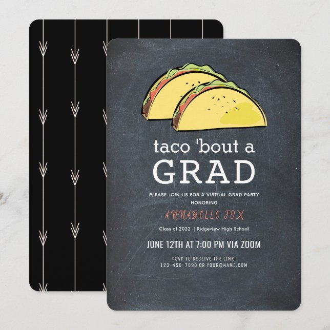 Invitación Graduación virtual en negro de Taco Bout GRAD Chal (Anverso / Reverso)