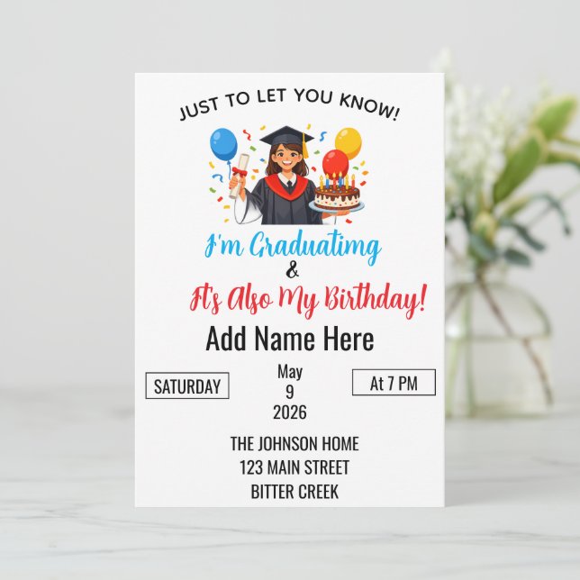 Invitación Graduación y cumpleaños mezclados (Anverso de pie)
