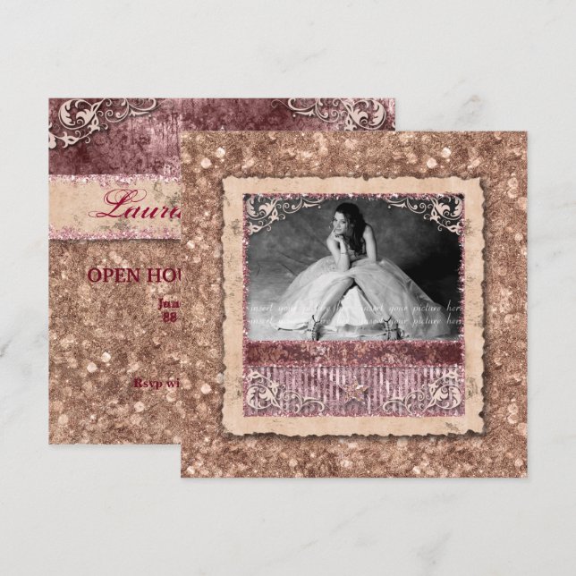 Invitación Graduada con honores Navidad Rosa Dorada Estrella (Anverso / Reverso)