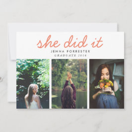 Invitación Graduada Cute Lo Hizo Guiando Tres Fotos Coral