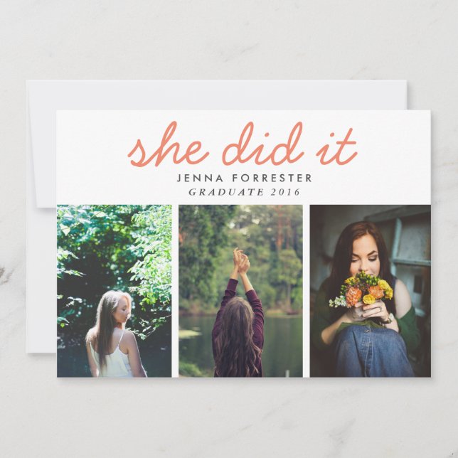 Invitación Graduada Cute Lo Hizo Guiando Tres Fotos Coral