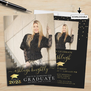 Invitación Graduada Elegante Letra Fancy 2 Fotos Oro 2025