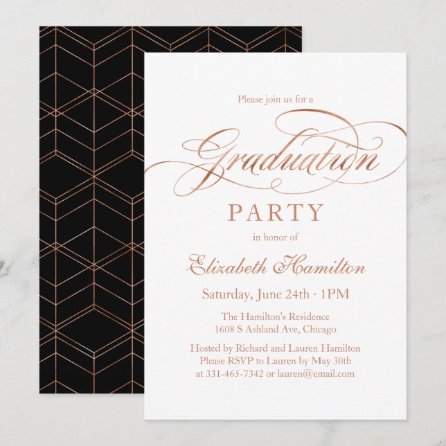 Invitación Graduada Hojalata Rosa Dorado Script Elegante Fies (Anverso / Reverso)