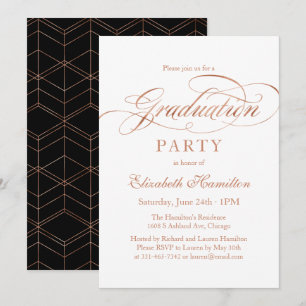 Invitación Graduada Hojalata Rosa Dorado Script Elegante Fies