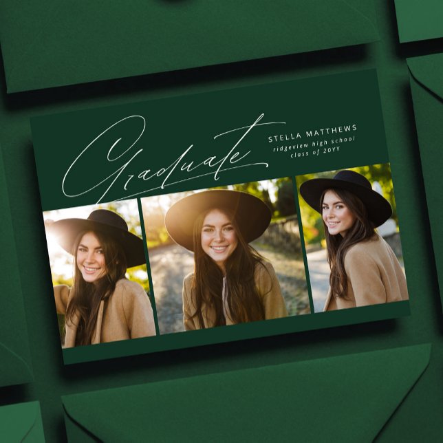 Invitación Graduada tres foto simple moderna verde oscuro gra (Subido por el creador)