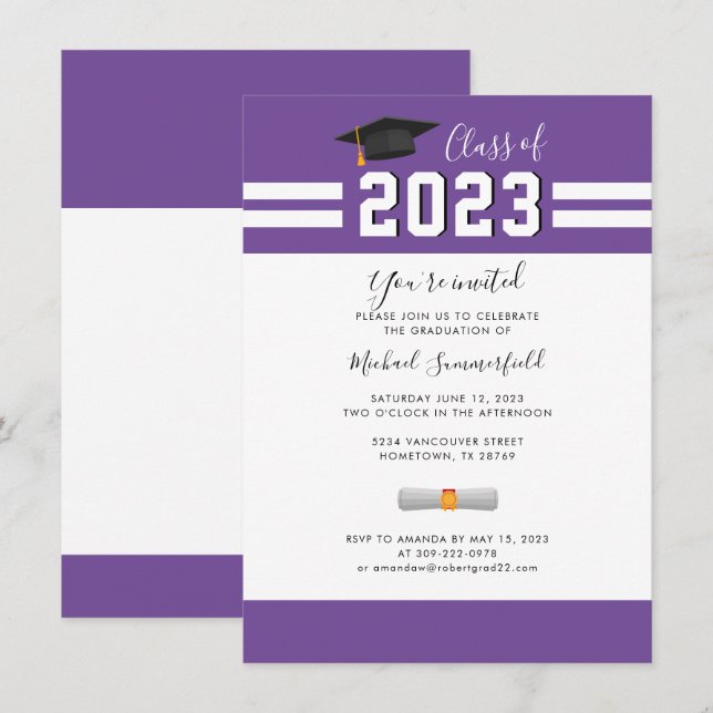 Invitación Graduado 2025 Púrpura Graduación (Anverso / Reverso)