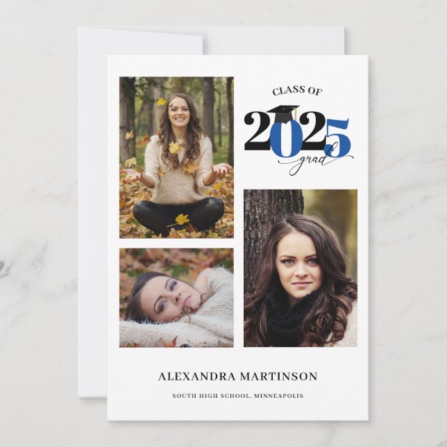 Invitación Graduado 3 Fotos Collage Clase Azul de 2023 (Anverso)